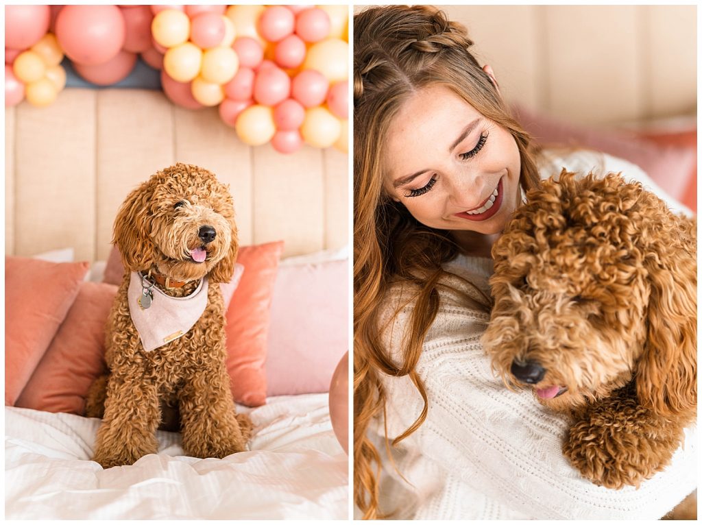 Girl and dog on valentine's day on bed