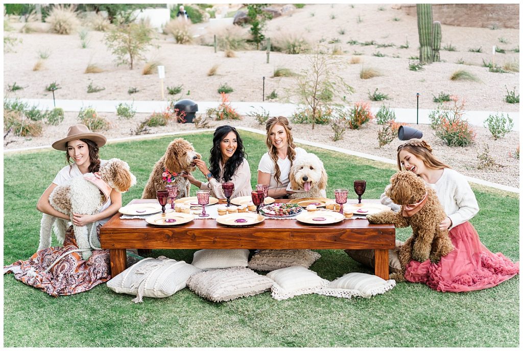 Girls laughing at picnic with dogs