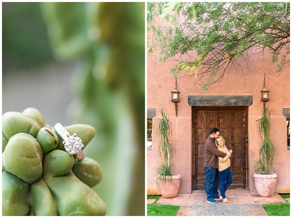 couple cuddling in front of wood door at Rancho Manana