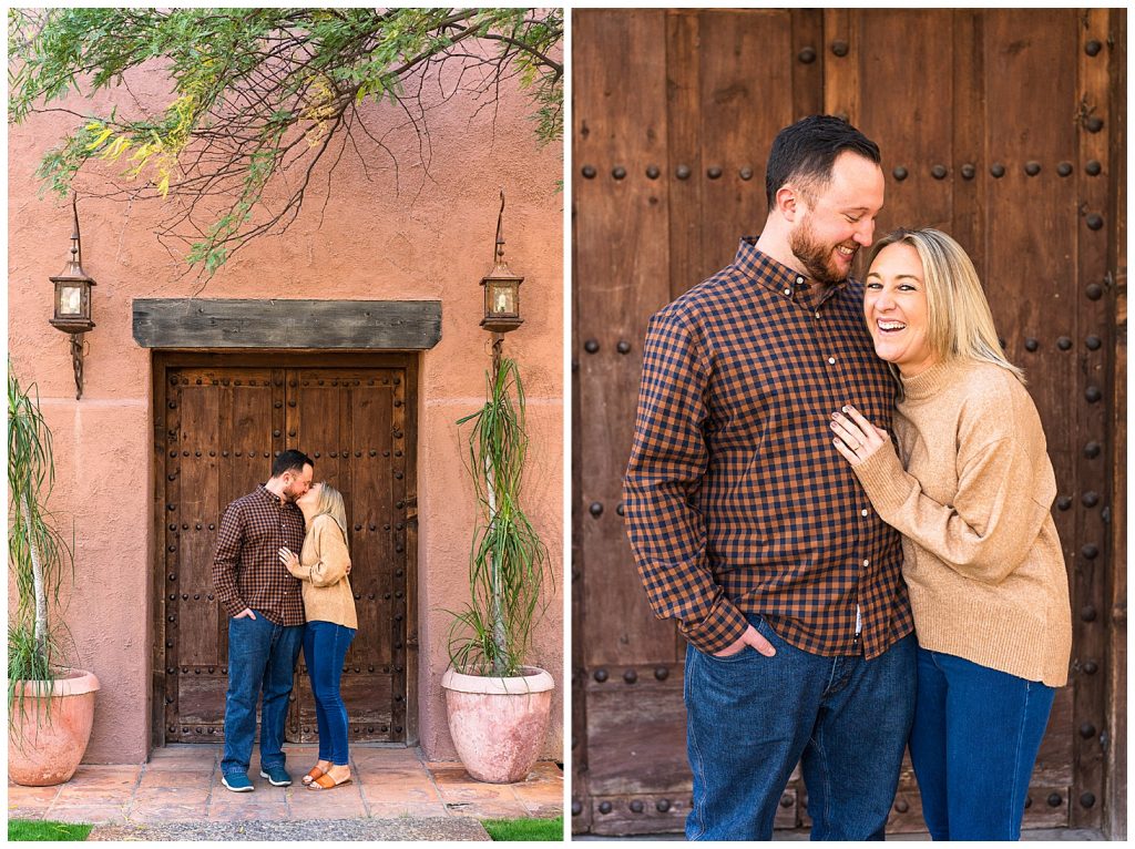couple cuddling in front of wood door at Rancho Manana