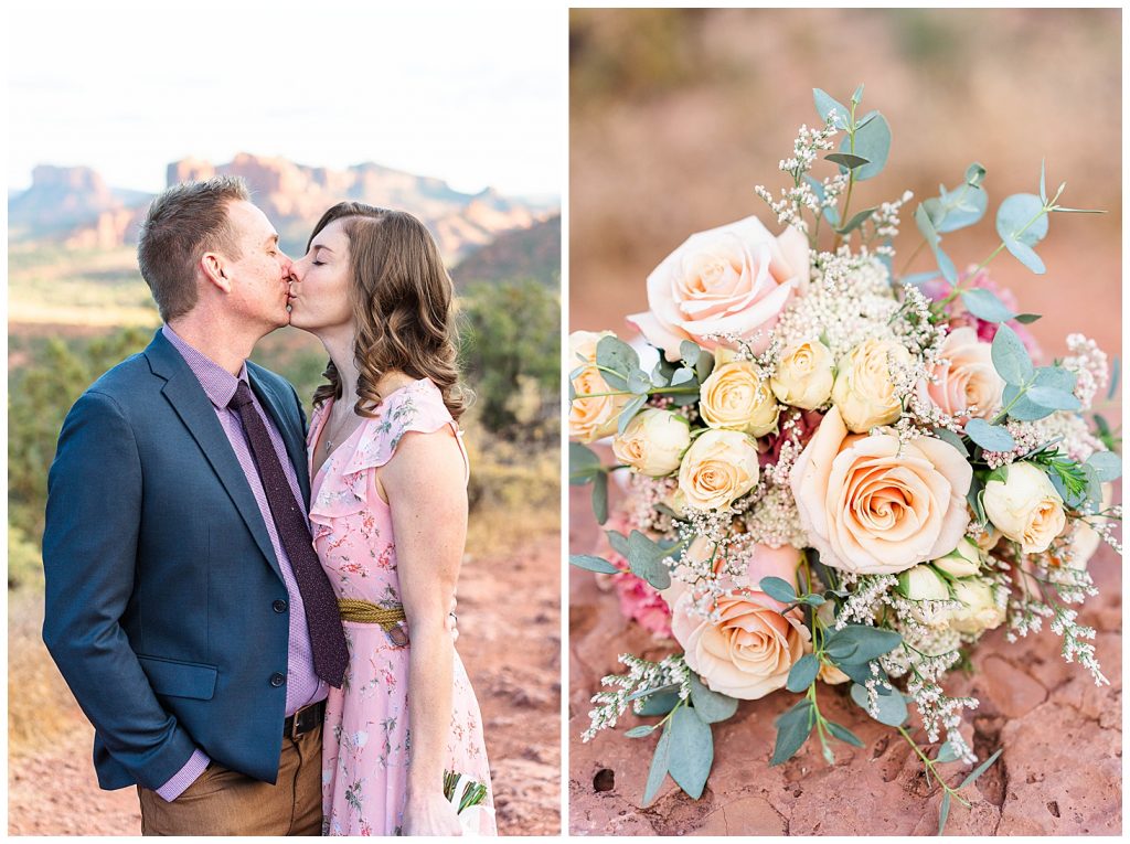 Couple kissing with rose bouquet after getting engaged in Sedona, Arizona