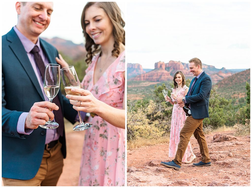 Couple drinking champagne after getting engaged in Sedona, Arizona