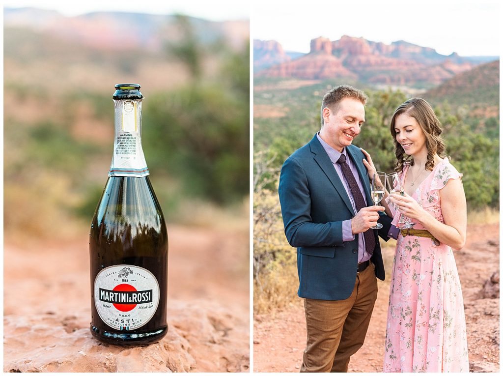 Couple drinking champagne after getting engaged in Sedona, Arizona