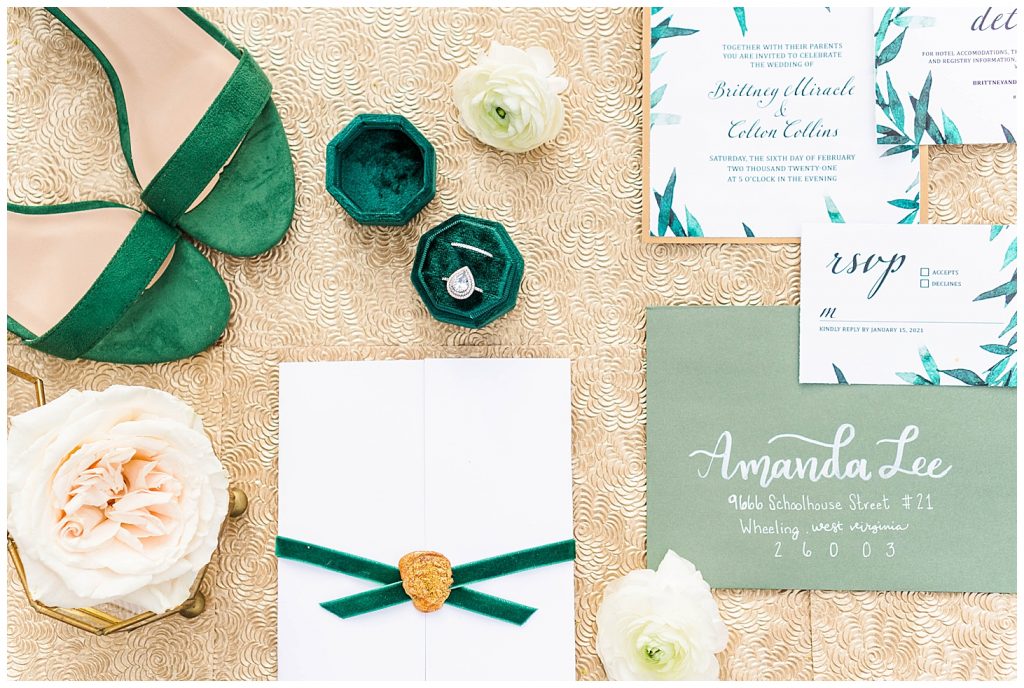 Green wedding invitation suite with green shoes and green ring box