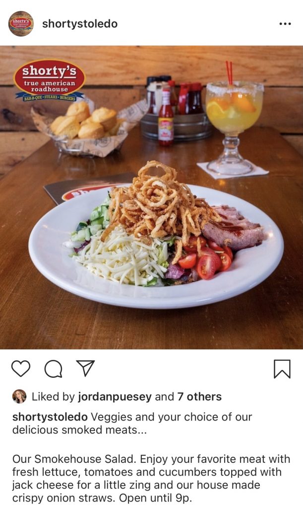 Shorty's True American Roadhouse Instagram screenshot of Smokehouse salad.