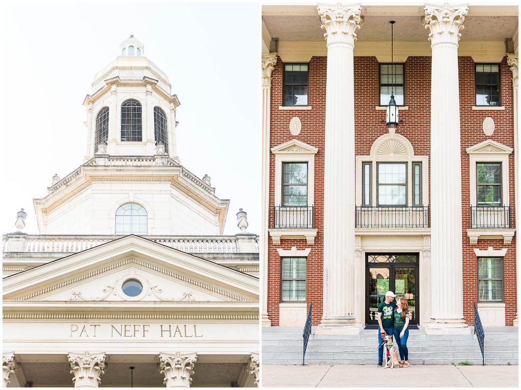 Baylor Campus students and dog in Waco, Texas engagement photos