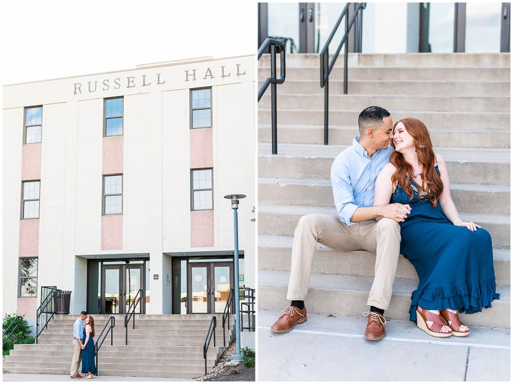 man cuddling woman on steps at Russel Hall at Baylor University engagement session