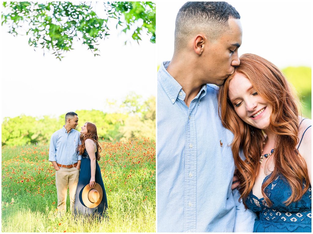 Man kissing woman's head in orange flower field at Cameron Park in Waco, Texas engagement photos