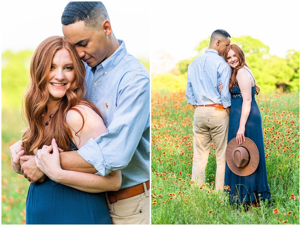Man cuddling woman in orange flower field at Cameron Park in Waco, Texas engagement photos