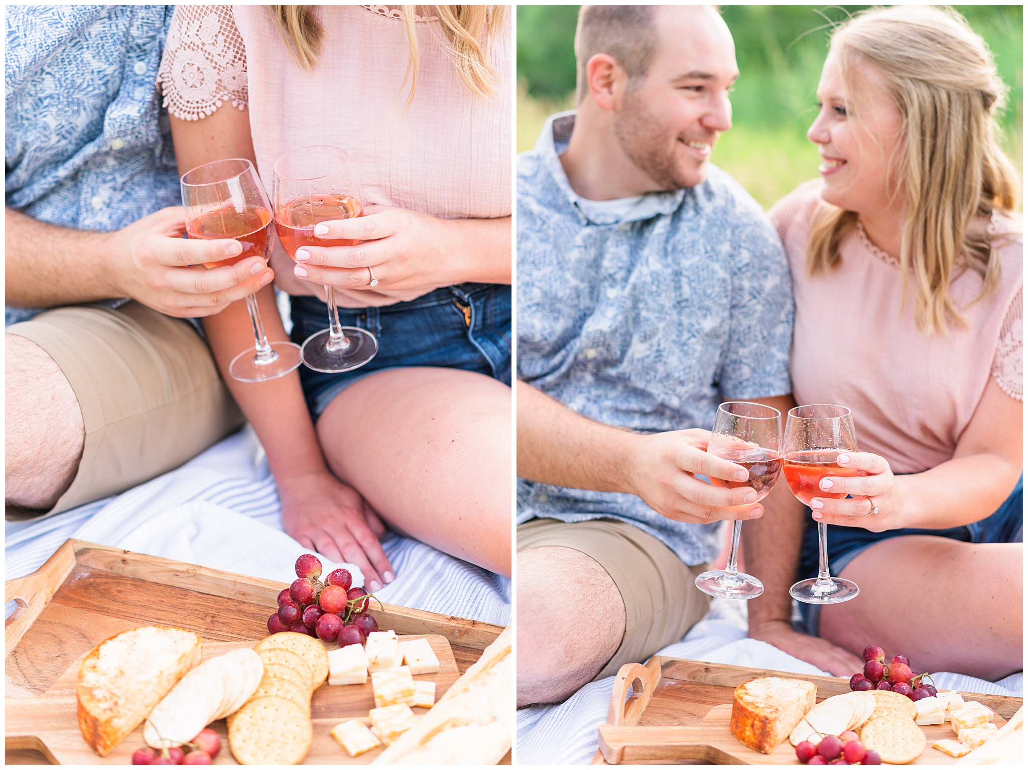 cleveland summer picnic engagement portraits with cheese board and wine