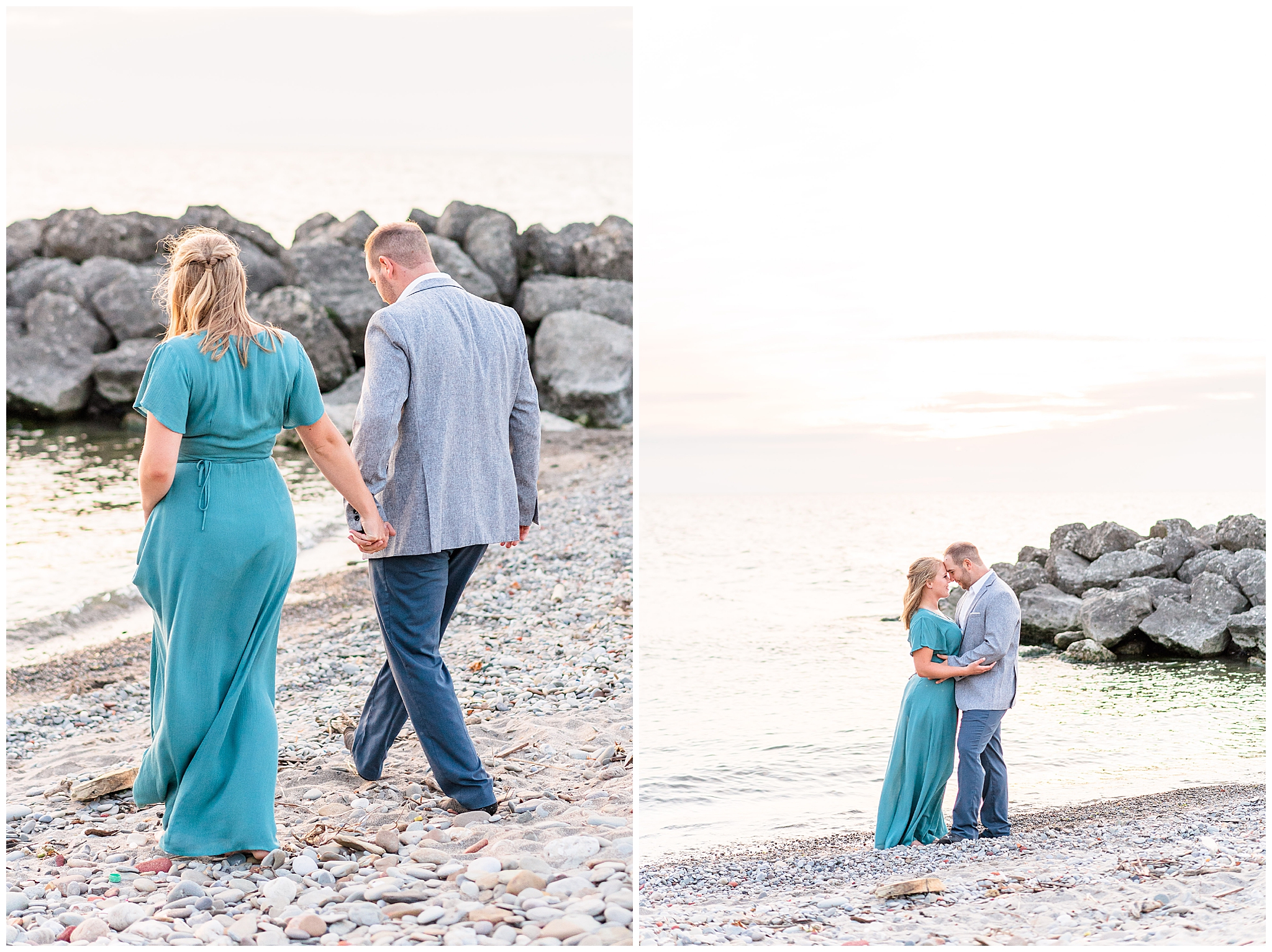 Romantic formal engagement portraits at Sims Park beach in Cleveland Ohio. Woman is wearing a long formal teal gown with flowing sleeves. The man is in a grey suit and white button up shirt. Walking hand in hand towards the sunset in the golden light. 