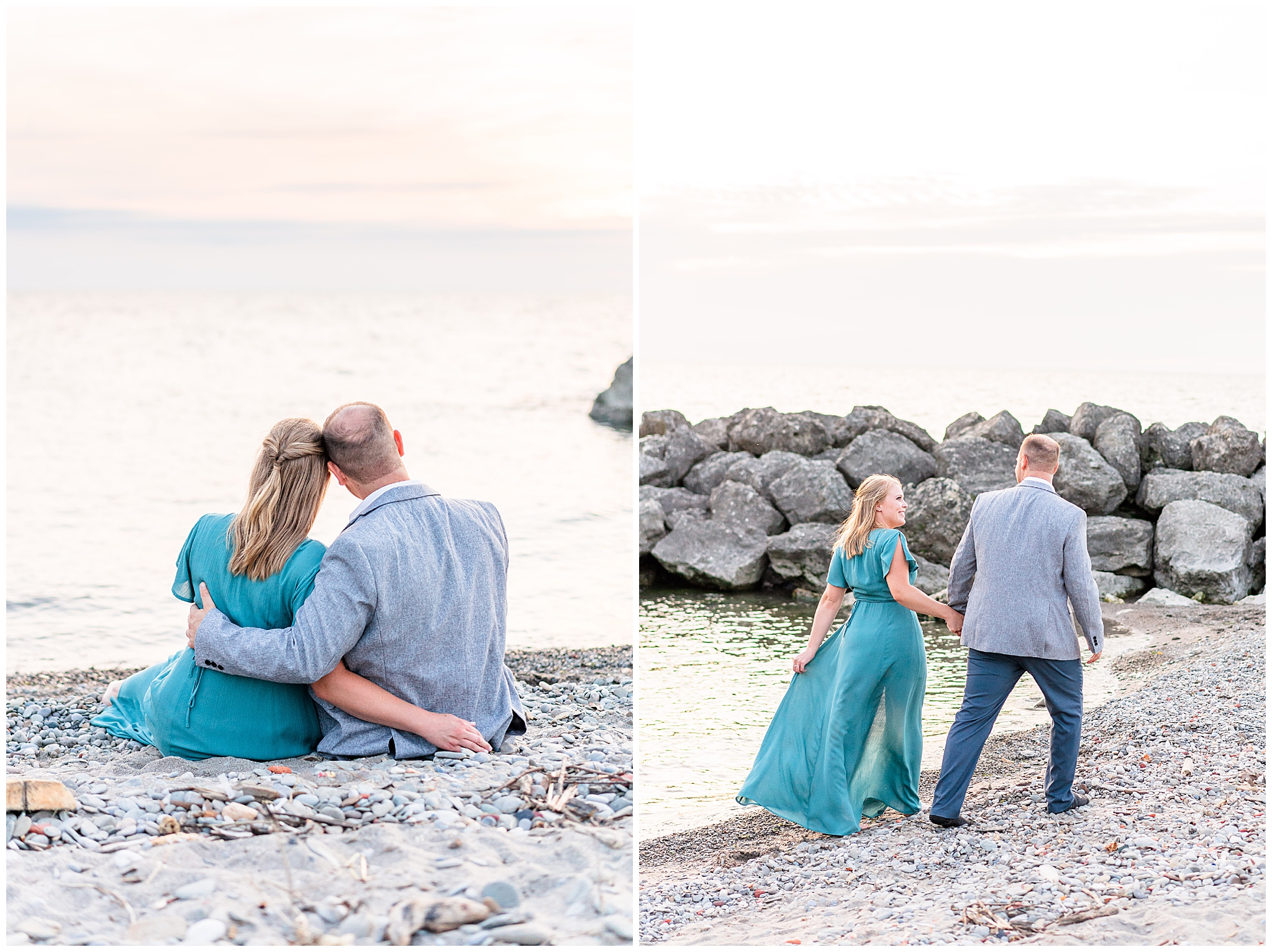 Romantic formal engagement portraits at Sims Park beach in Cleveland Ohio. Woman is wearing a long formal teal gown with flowing sleeves. The man is in a grey suit and white button up shirt. Walking hand in hand towards the sunset in the golden light. 