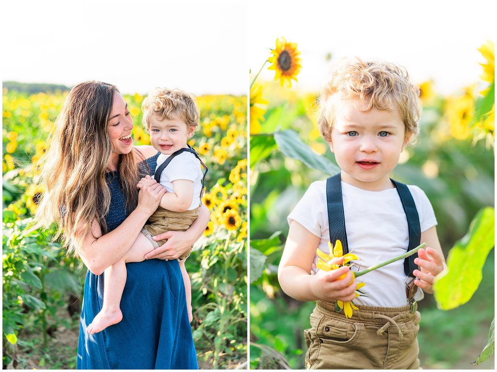 mom and little boy in sunflower field