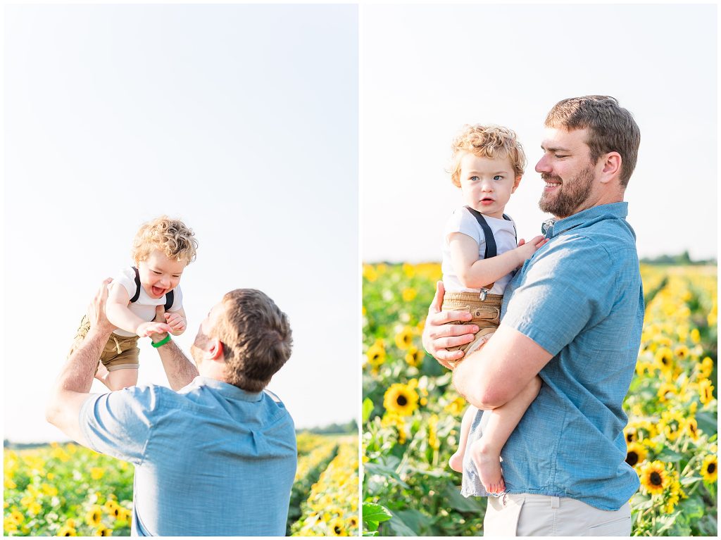 little boy and dad in sunflower field